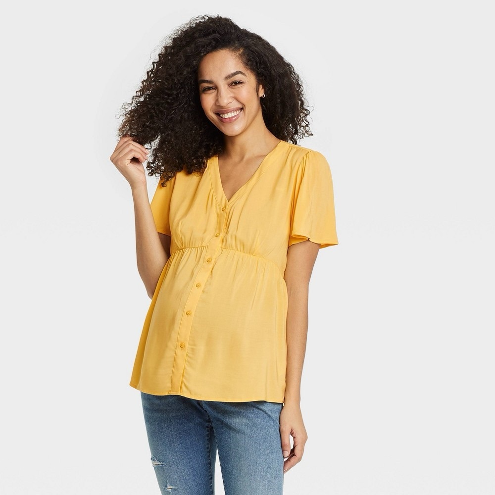 Short Sleeve V-Neck Button-Front Woven Maternity Shirt Isabel Maternity Yellow S